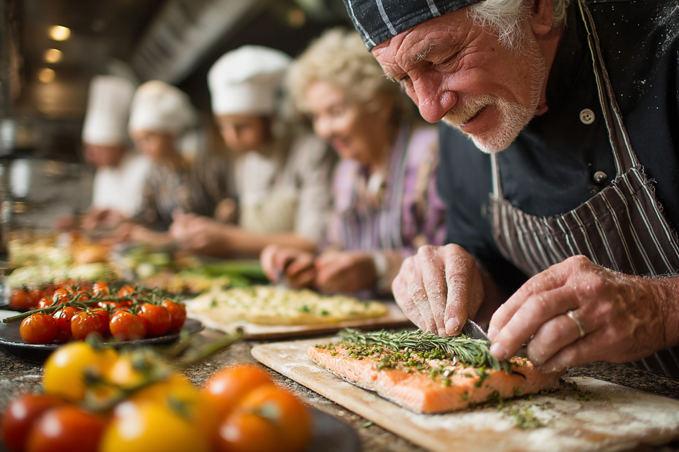Starsze osoby gotujące razem z wnukami